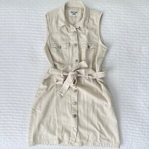 New Velvet Heart Denim Sleeveless Button Up Belted Mini Dress Cream Tan Size M